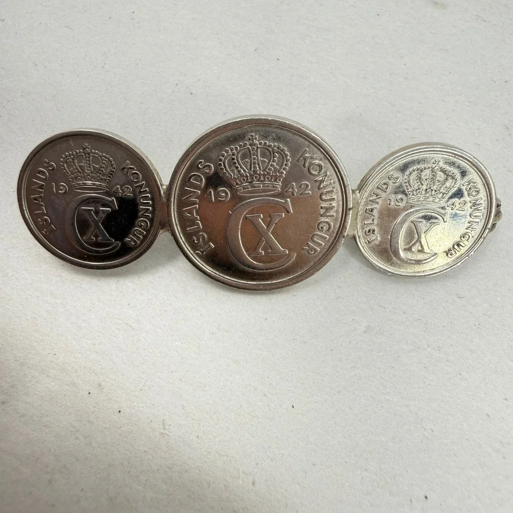 Vintage 1942 Iceland Coin Brooch Christian X Konungur Islands‎ 25 10 Aurar Pin